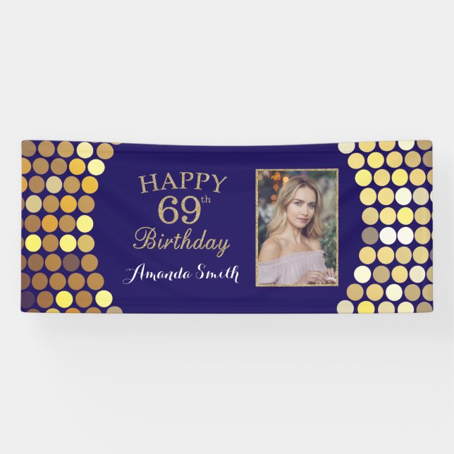 Bonne 69e bannière d'anniversaire. Photo Blue Gold (Horizontal)