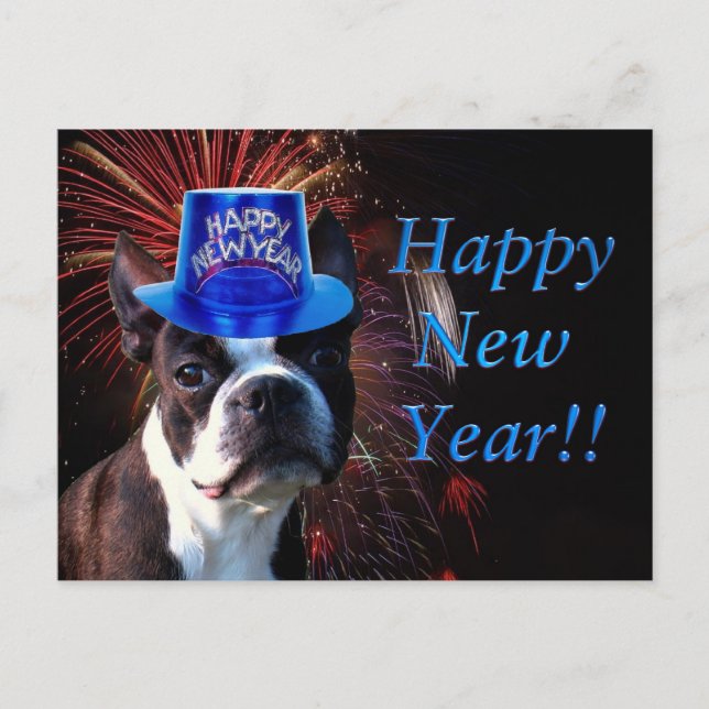 Bonne année Boston terrier carte postale (Devant)