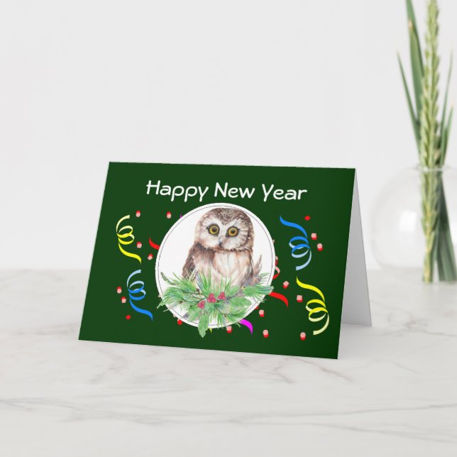 Bonne année, carte de vœux de chouette mignonne (Devant)