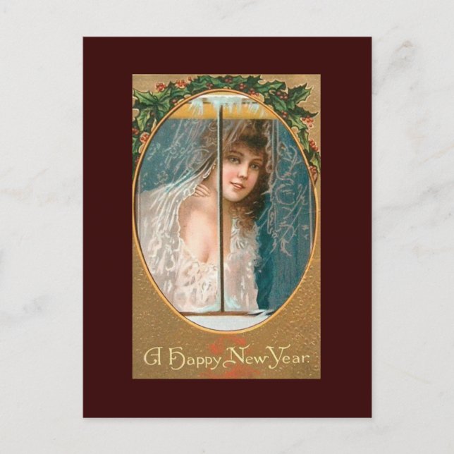 Bonne année Cartes postales Vintages Lady in WIndo (Devant)