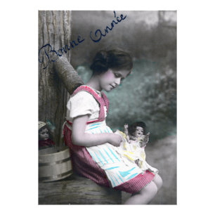 Bonne Année Vintag Girl with Dolll Fotodruck