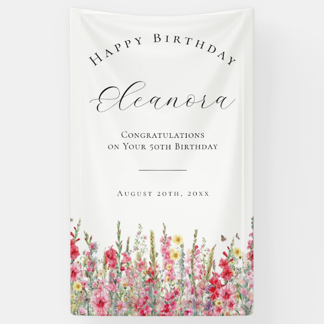 Bonne bannière d'anniversaire 50 août Fleur de nai (Vertical)