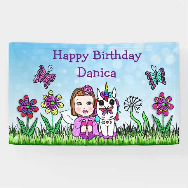 Bonne bannière d'anniversaire Unicorn et Fairy (Horizontal)