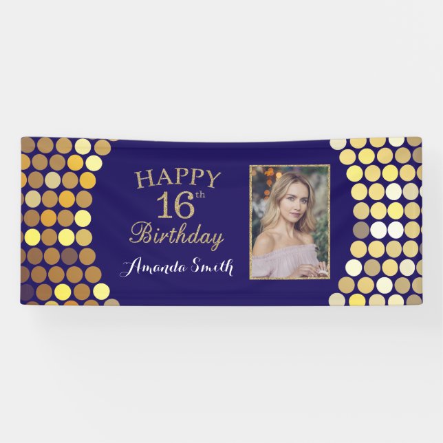 Bonne bannière du 16e anniversaire. Photo Blue Gol (Horizontal)