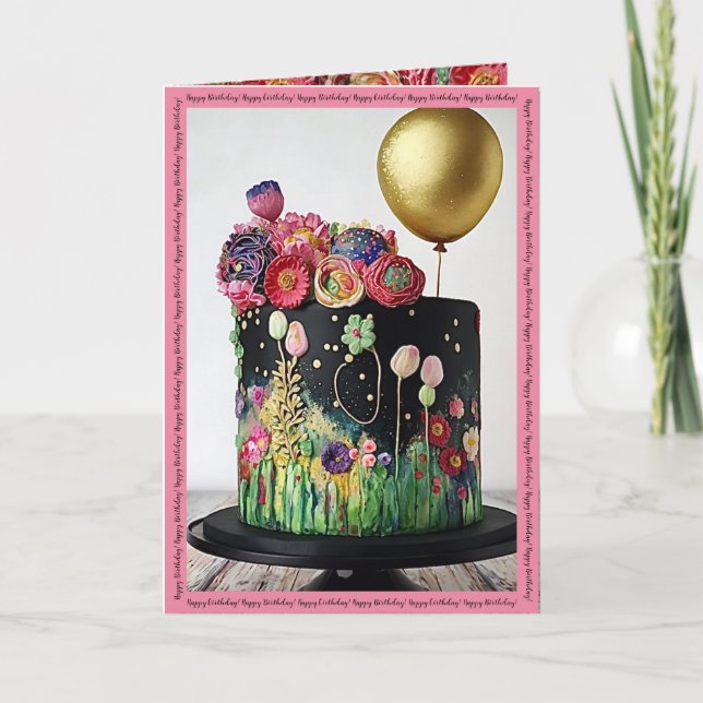Bonne carte d'anniversaire avec gâteau art déco et (Devant)