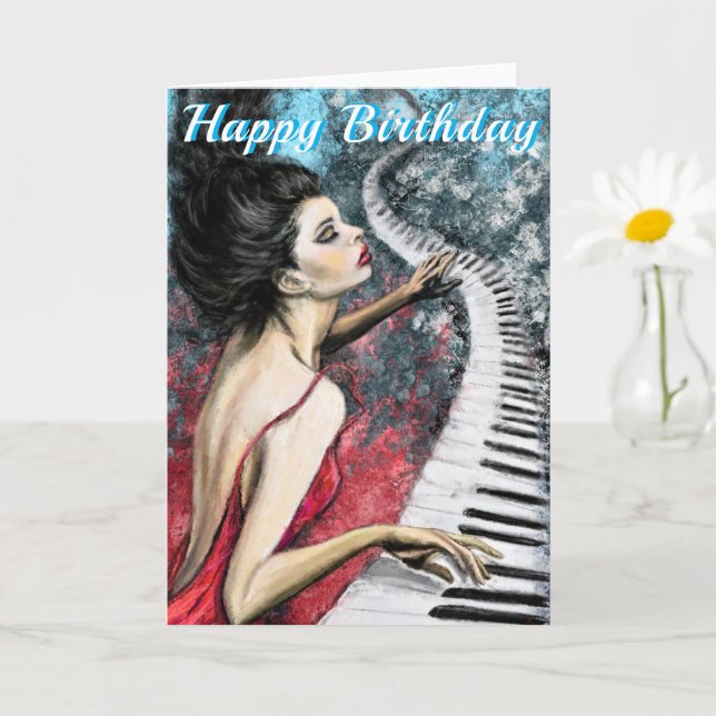 Bonne carte d'anniversaire avec la dame de piano e (Petite plante)