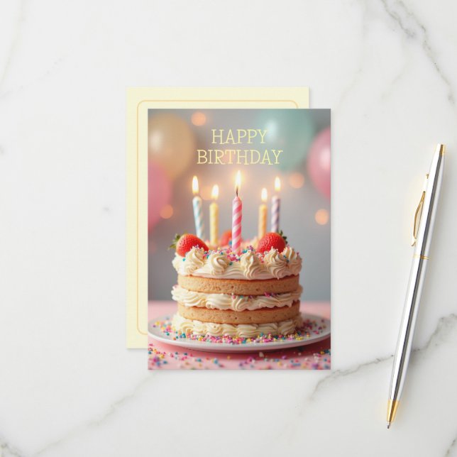 Bonne carte d'anniversaire avec un gâteau (Devant/Arrière en situation)