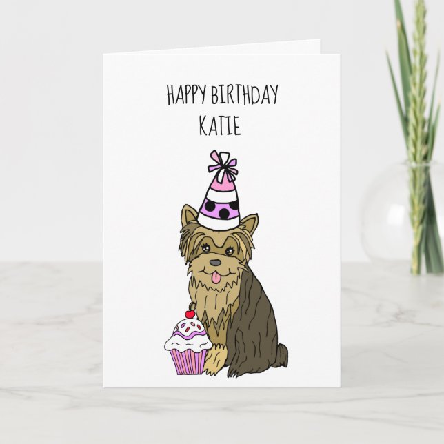 Bonne carte d'anniversaire avec Yorkie et Cupcake (Devant)