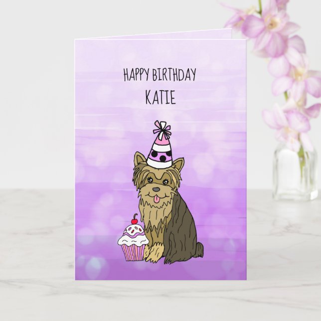 Bonne carte d'anniversaire avec Yorkie et Cupcake (Orchidée)