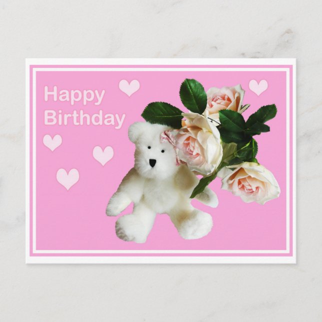 Bonne carte d'anniversaire Ours en peluche et rose (Devant)