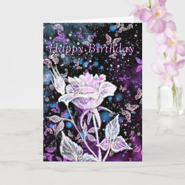 Bonne carte d'anniversaire Rose d'hiver et papillo (Orchidée)
