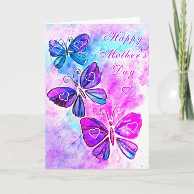 Bonne carte de fête des mères Papillons roses Coeu (Devant)
