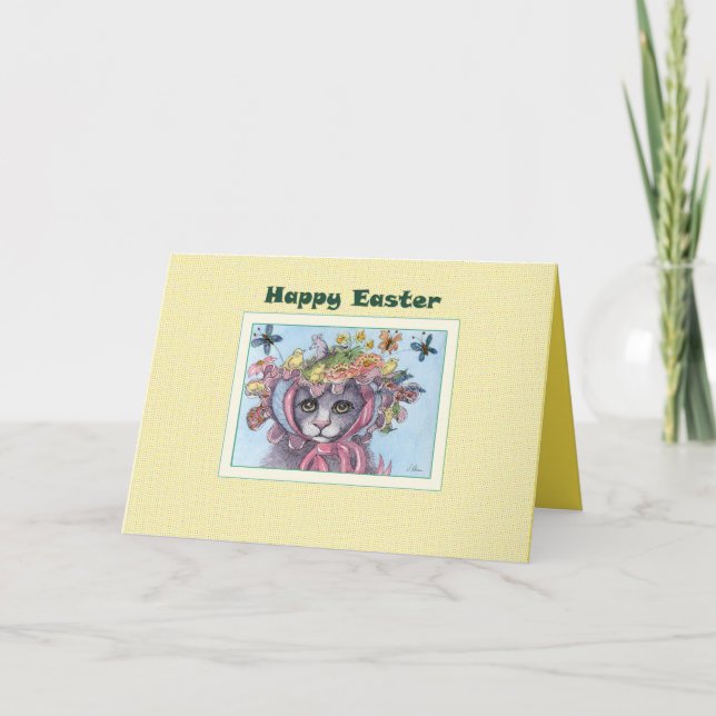 Bonne carte de Pâques, chat dans un bonnet de Pâqu (Devant)