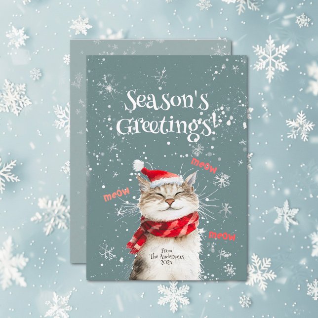 Bonne carte de vacances de Noël de la Meow Cat (Happy Cat Season's Greetings flat holiday card)