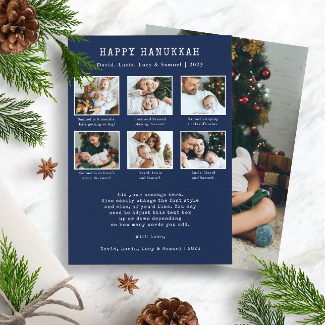 Bonne carte de vacances Hanoukka (Merry Christmas Photo Collage Holiday Card - Navy Blue and White)
