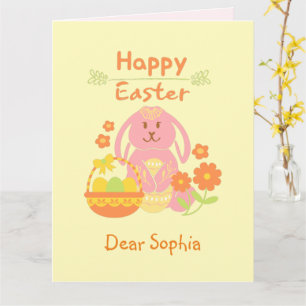 Bonne carte Rabbit et Fleurs roses de Pâques