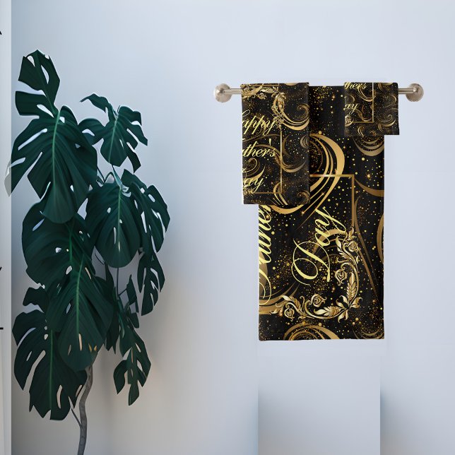 Bonne Fête des pères Moderne Calligraphie Fils Feu (Happy Fathers Day Modern Calligraphy Leafy Swirls Bath Towel Set)