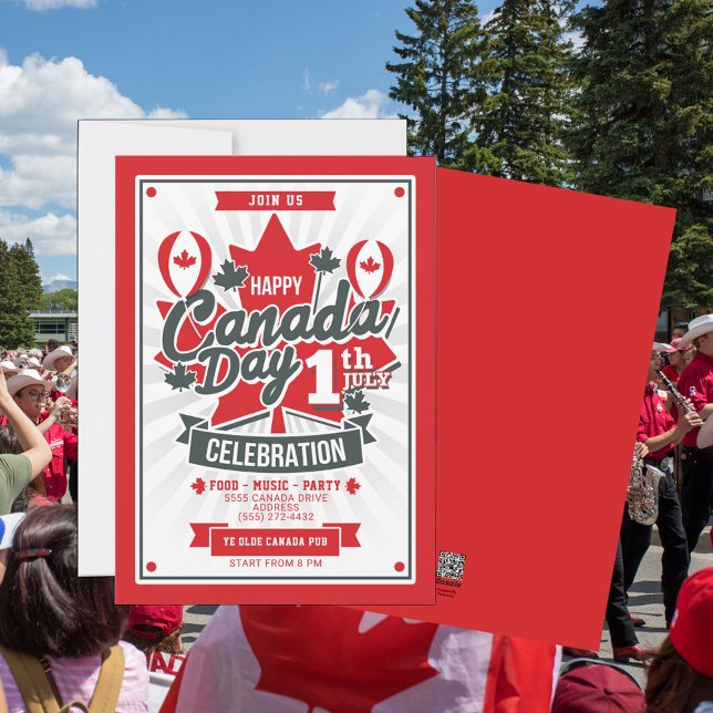 Bonne fête du Canada BBQ Invitation alimentaire (Canada Day Celebration with a party invitation with food, music and fun. For family, friends or biz)