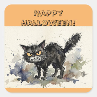 Bonne Halloween autocollants carrés chat noir