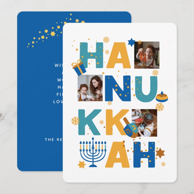 Bonne HANOUKKA Stars & lumières Carte de voeux pho (Devant / Derrière)