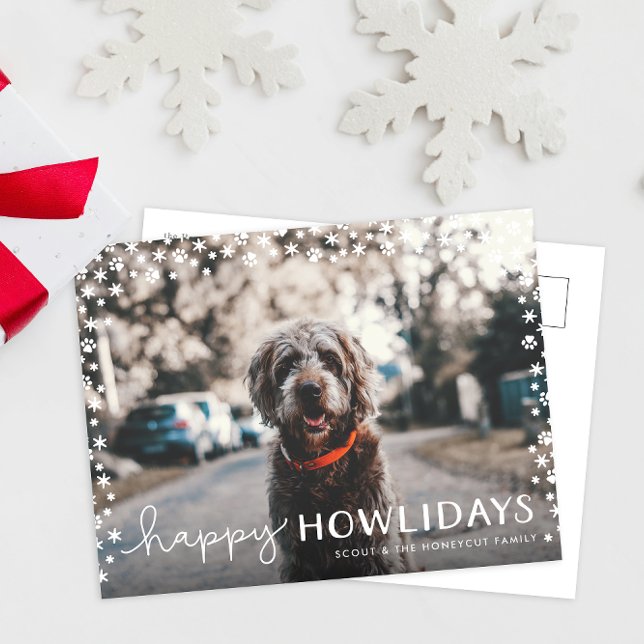 Bonne Howlidays Pet Lover Holiday Photo Carte post (paw print snowflakes happy howlidays funny cute pet dog Christmas card postcard)
