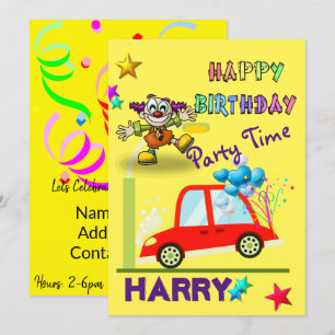 Bonne Invitation Anniversaire Clown Car Jaune