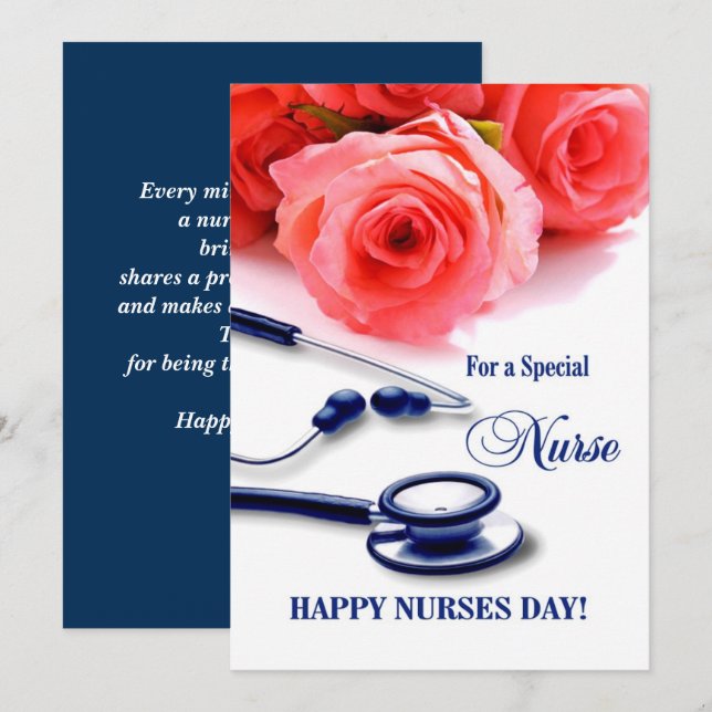 Bonne Journée des infirmières. Carte rose et Steth (Devant / Derrière)