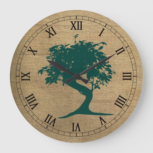 Bonsai auf Burlap Wall Clock Große Wanduhr (Vorderseite)