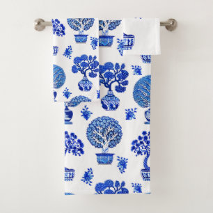 Bonsai Baummuster in Kobalt Blau und Weiß Badhandtuch Set