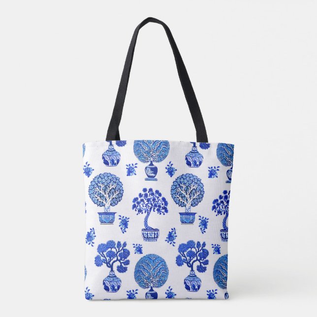 Bonsai Baummuster in Kobalt Blau und Weiß Tasche (Rückseite)