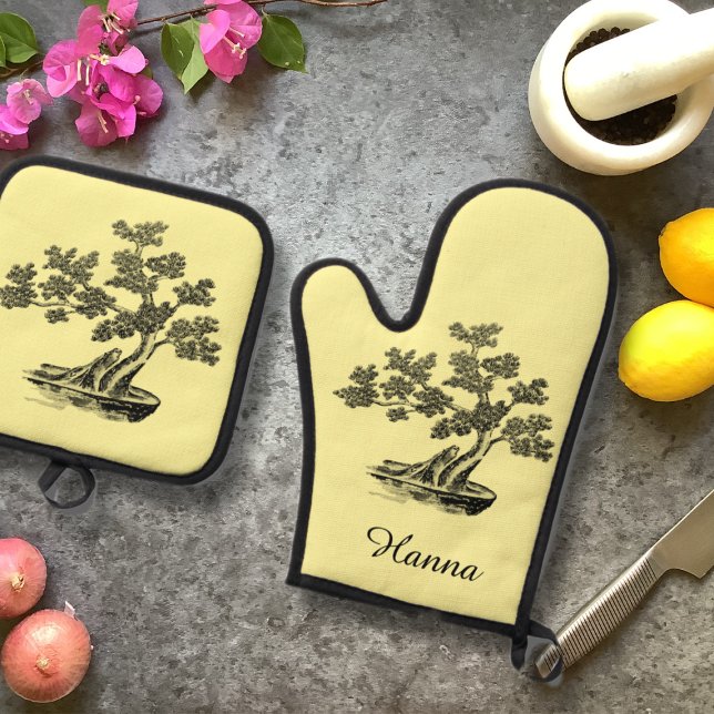 Bonsai - Chinesischer Stil - Schwarzweiß Ofenhandschuh & Topflappen-Set (Von Creator hochgeladen)
