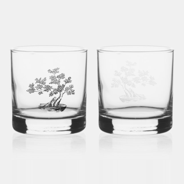 Bonsai - Chinesischer Stil - Schwarzweiß Whiskyglas (Vorderseite)