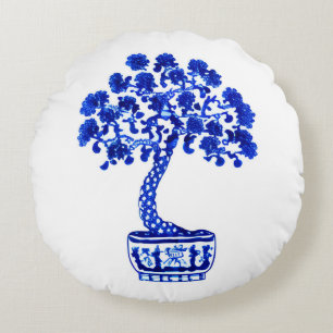 Bonsai Tree in Cobalt Blue und White Rundes Kissen