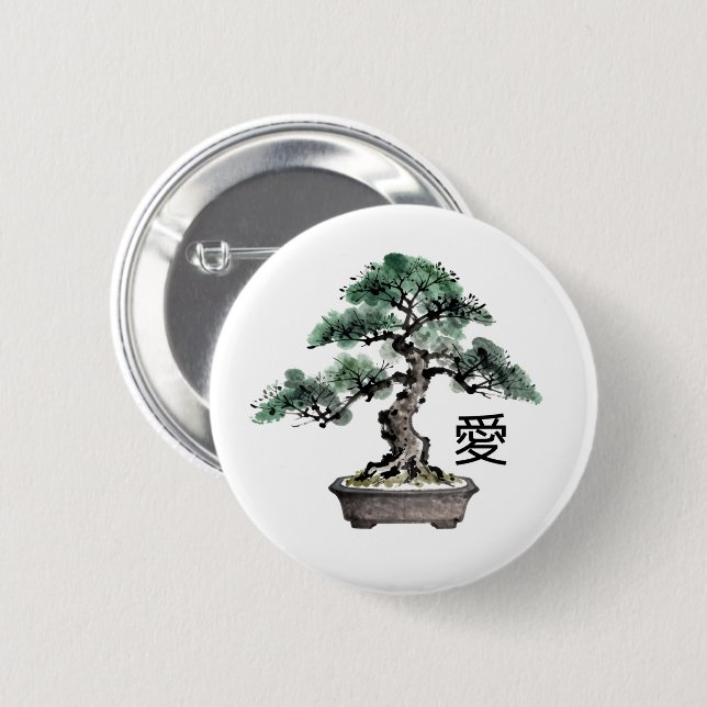 Bonsai Tree Sumi-e Style Japanese Love Calligraphy Button (Vorne & Hinten)