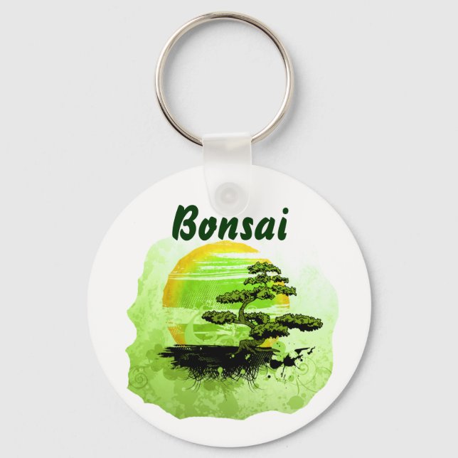 Bonsai Vintag Graphic , Grüne Version mit Text Schlüsselanhänger (Vorderseite)