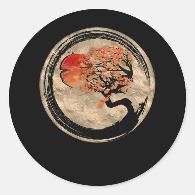 Bonsai Zen Buddhist Enso Circle Tree in Japanisch Runder Aufkleber (Vorderseite)