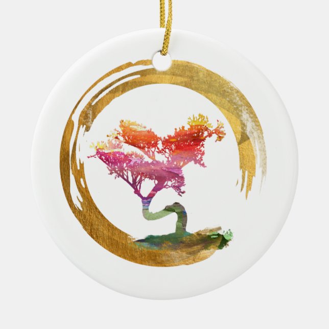 Bonsais-Baum. Zen Enso Kreis. Aquarell Feng Shui Keramikornament (Vorne)