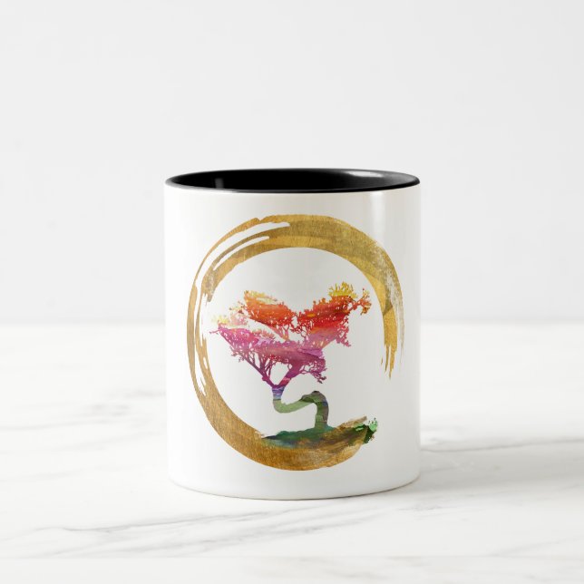 Bonsais-Baum. Zen Enso Kreis. Aquarell-Kunst Zweifarbige Tasse (Mittel)