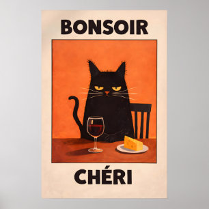 Bonsoir Chéri Affiche de Chat Noir, Fromage de Vin
