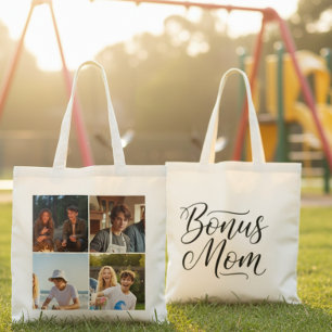 Bonus-Mama Elegante Kursivschrift Vier-Foto Tragetasche