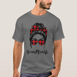 Bonus Mama Life Messy Bun Hair Leopard Red Kariert T-Shirt