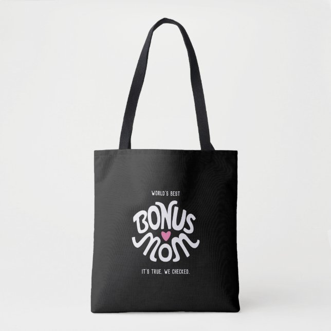 Bonus Mama Weiß & Rosa Design auf Schwarz-Tote-Tas Tasche (Vorderseite)