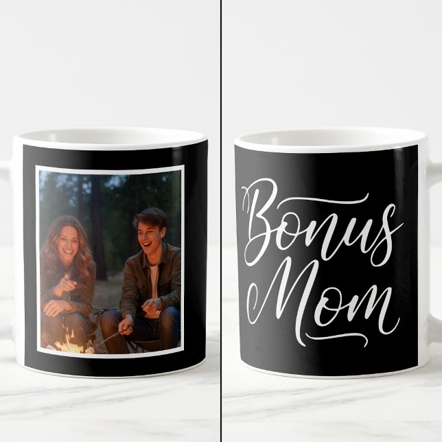 Bonus Mom Elegant Cursive 1 Custom Photo Black Kaffeetasse (Von Creator hochgeladen)