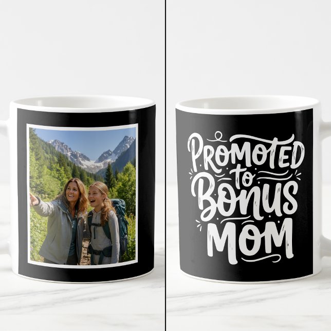 Bonus Mom Promoted Brush Script  1 Photo Black Kaffeetasse (Von Creator hochgeladen)