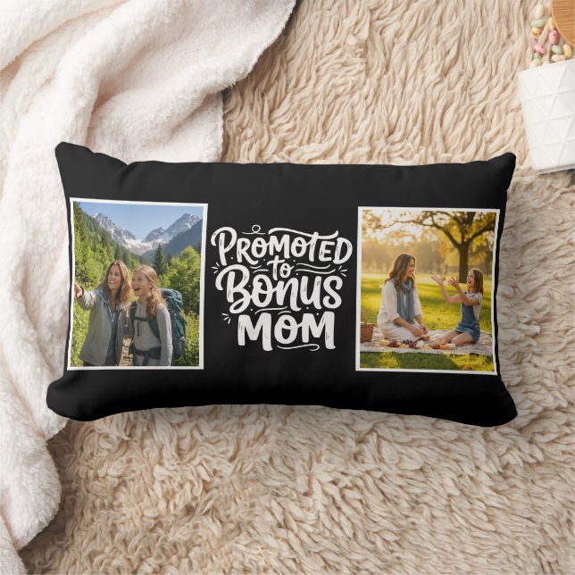 Bonus Mom Promoted Brush Script Double Photo Black Lendenkissen (Decke)