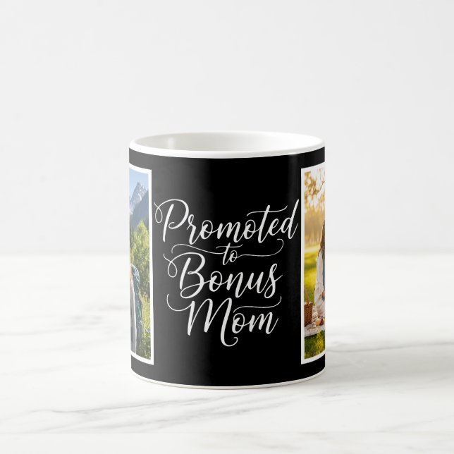 Bonus Mom Promoted Elegant Cursive Two Photo Black Kaffeetasse (Mittel)