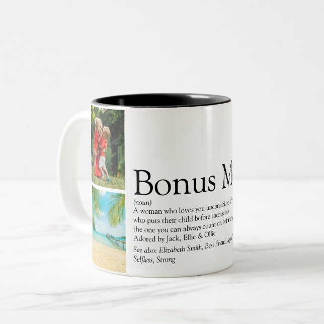 Bonus Mom, Stepmom Definition 4 Photo Collage Zweifarbige Tasse (Vorderseite Links)