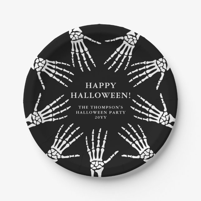 Bony Skeleton Hands auf Black Happy Halloween Pappteller (Vorderseite)