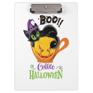 Boo Black Cat, Beängstigendes Pumpkin Coffee Hallo Klemmbrett