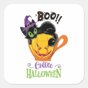 Boo Black Cat, Beängstigendes Pumpkin Coffee Hallo Quadratischer Aufkleber